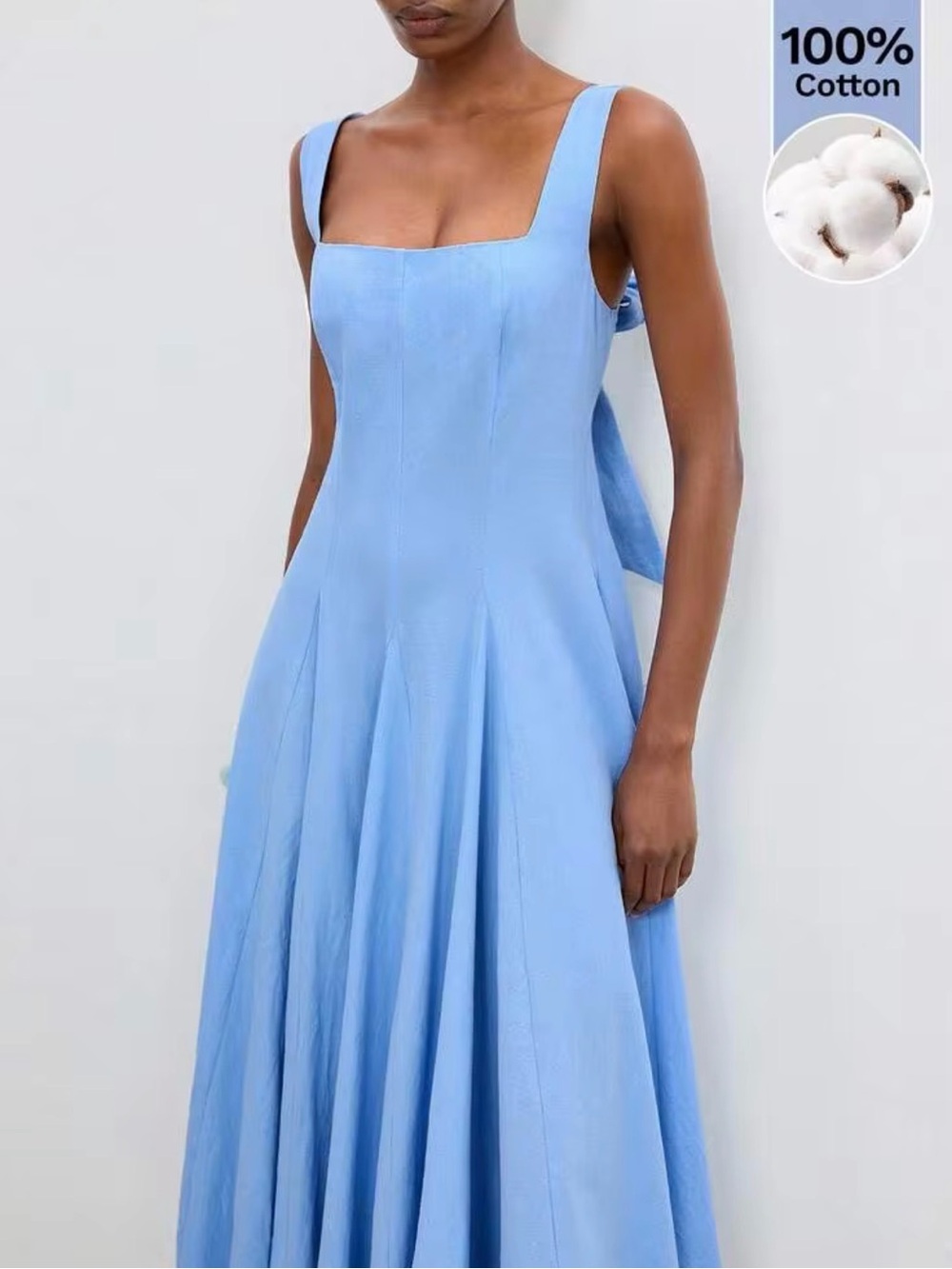 Square Neck Cotton Maxi Dress in Light Blue